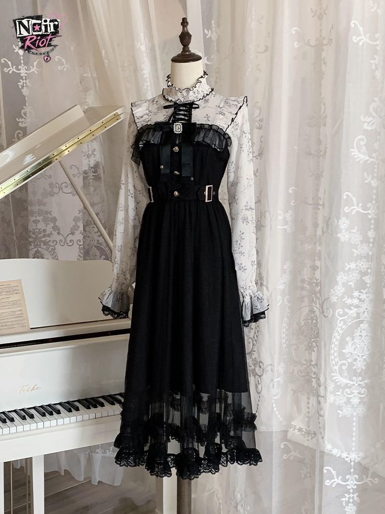 Elastic Lace Trim - Franse vintage lolita-jurk voor dames, zwart-wit,